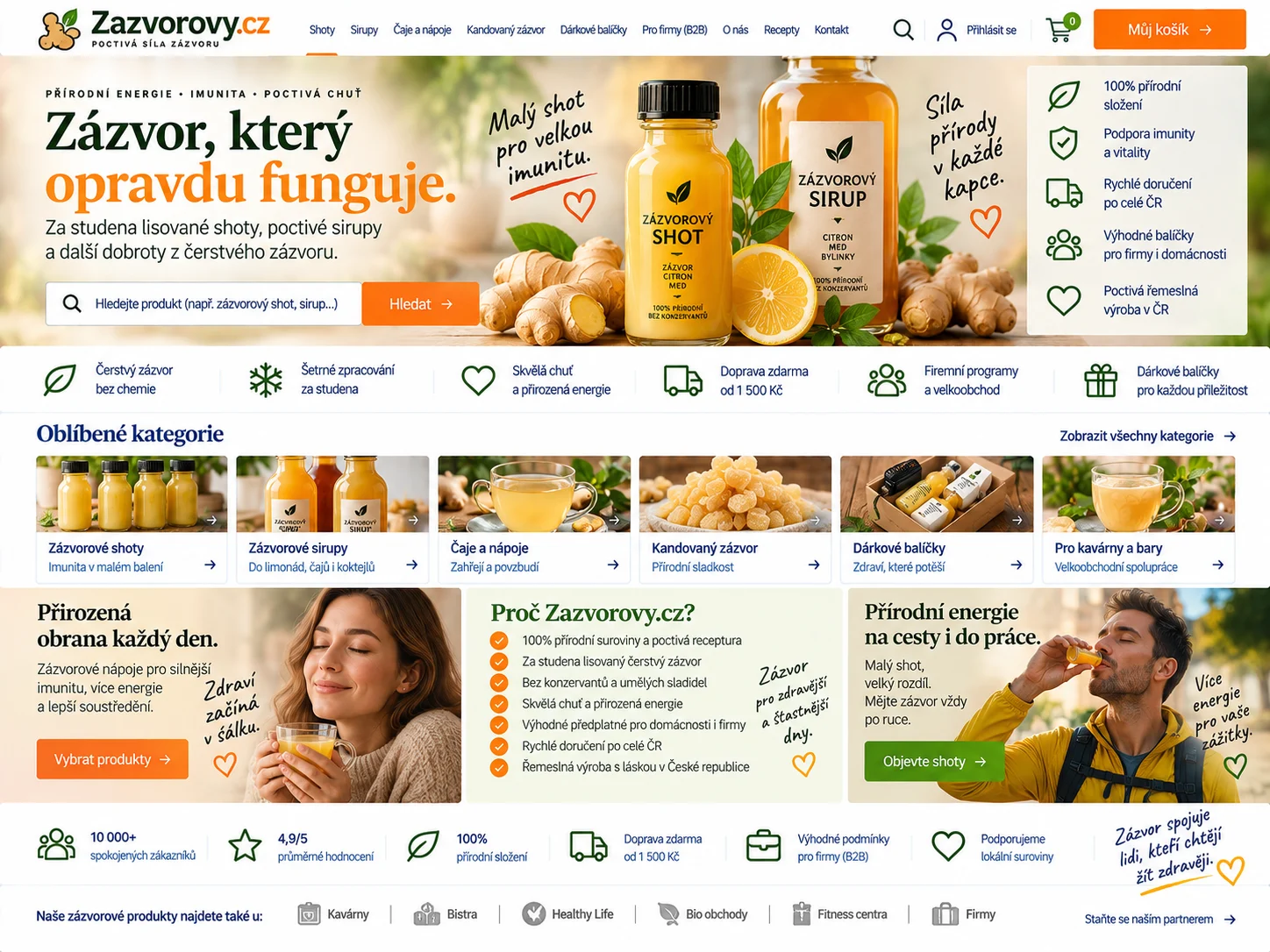 Ilustrační návrh webu Zazvorovy.cz v zelené a oranžové s čerstvým zázvorem, shoty a sirupem
